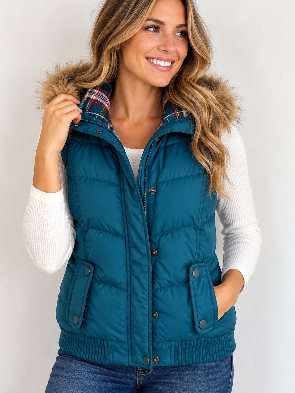 Maurices Womens Small Teal Puffer Vest Faux Fur Hood Plaid Lined